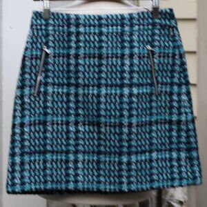 LOFT Aqua Navy Blue White Houndstooth Plaid Zipper Pockets Short Skirt Sz 2